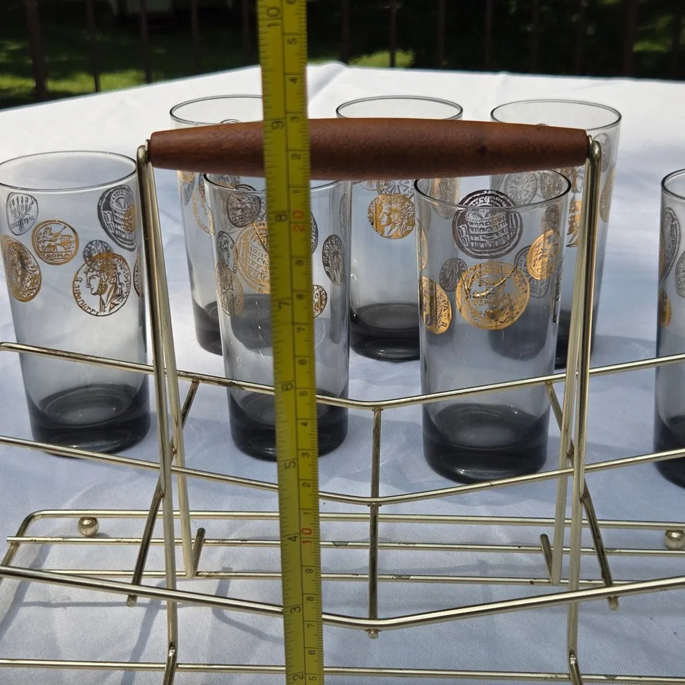 Vtg Highball Glasses Set 8 clear + Smoky Grey Gold Roman Coin MCM Barware Caddy